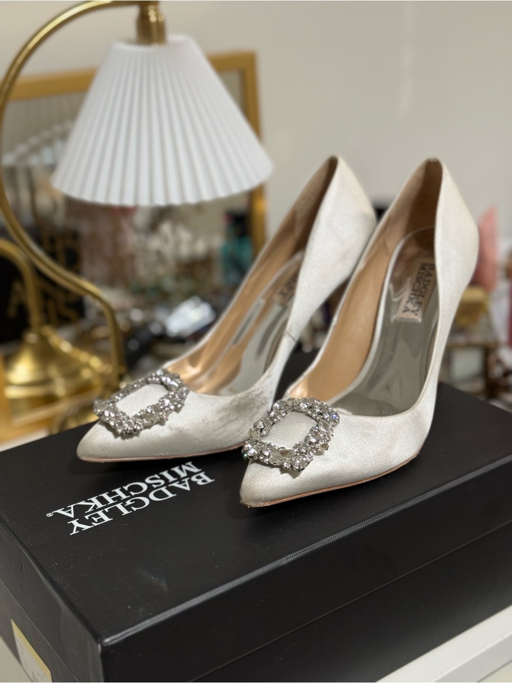 Badgley Mischka Champagne Satin Crystal-Embellished Pointed Pumps